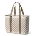 Sun-Day Collapsible Tote in Checkin' In, cream and tan checkerboard pattern tote bag with tan carry loops and matching strap detail
