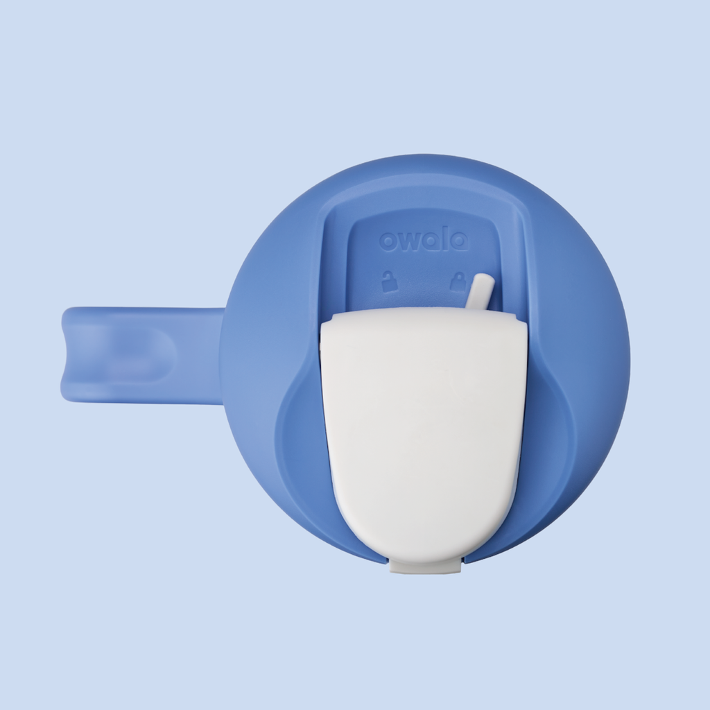 Owala 40oz Tumbler top-down view showing cobalt blue floral medallion print on white lid with white straw slider and side handle