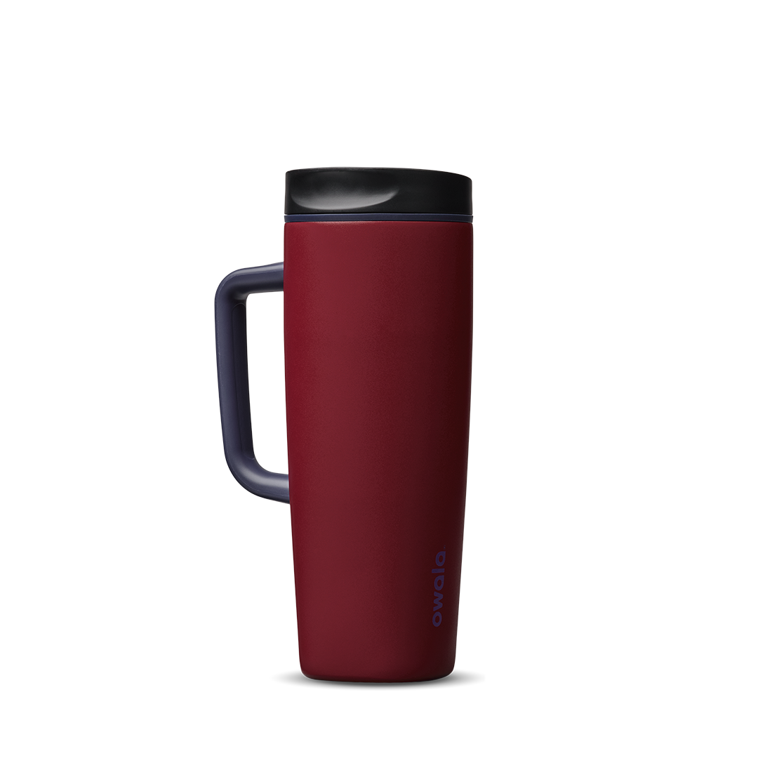 Owala SmoothSip Slider with Handle 24oz in Burgundy Bay, deep crimson insulated stainless steel body with black lid, purple slider button, and dark navy handle on right side