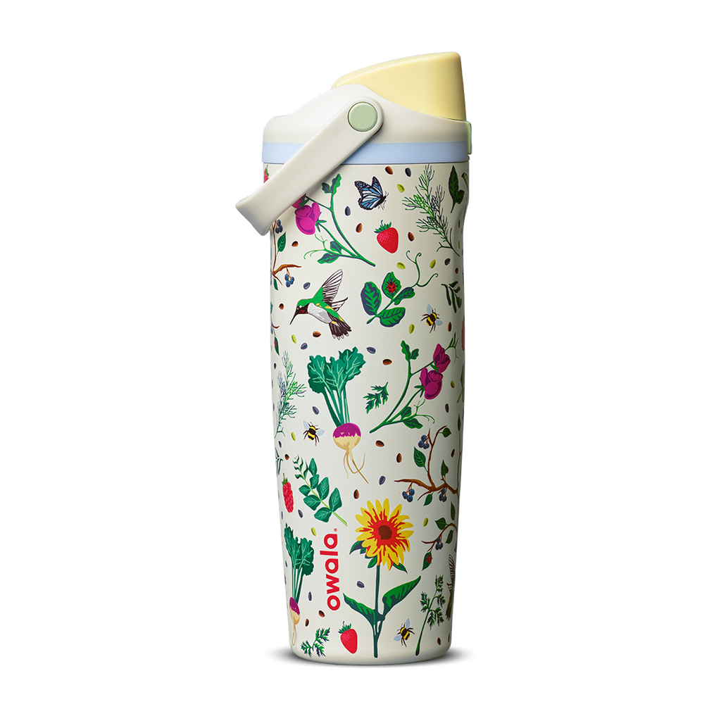 FreeSip Sway 30oz Mother's Day Garden; cream white body with colorful garden print featuring flowers, strawberries, hummingbirds, and bees, yellow flip cap, and light blue carry loop