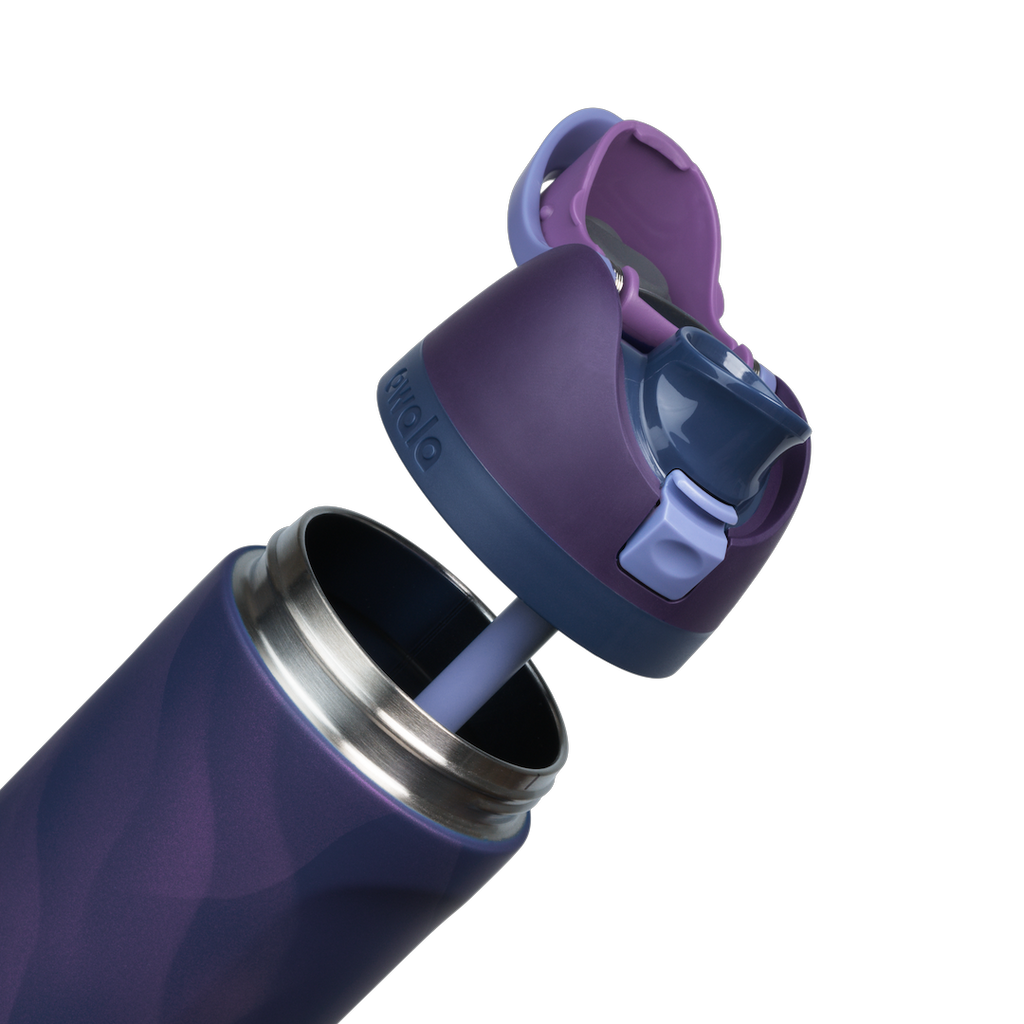 Owala FreeSip 24oz in Arctic Storm, exploded view showing the deep purple body, navy lid with periwinkle carry loop, deep purple flip cap with periwinkle FreeSip spout, and lavender silicone straw