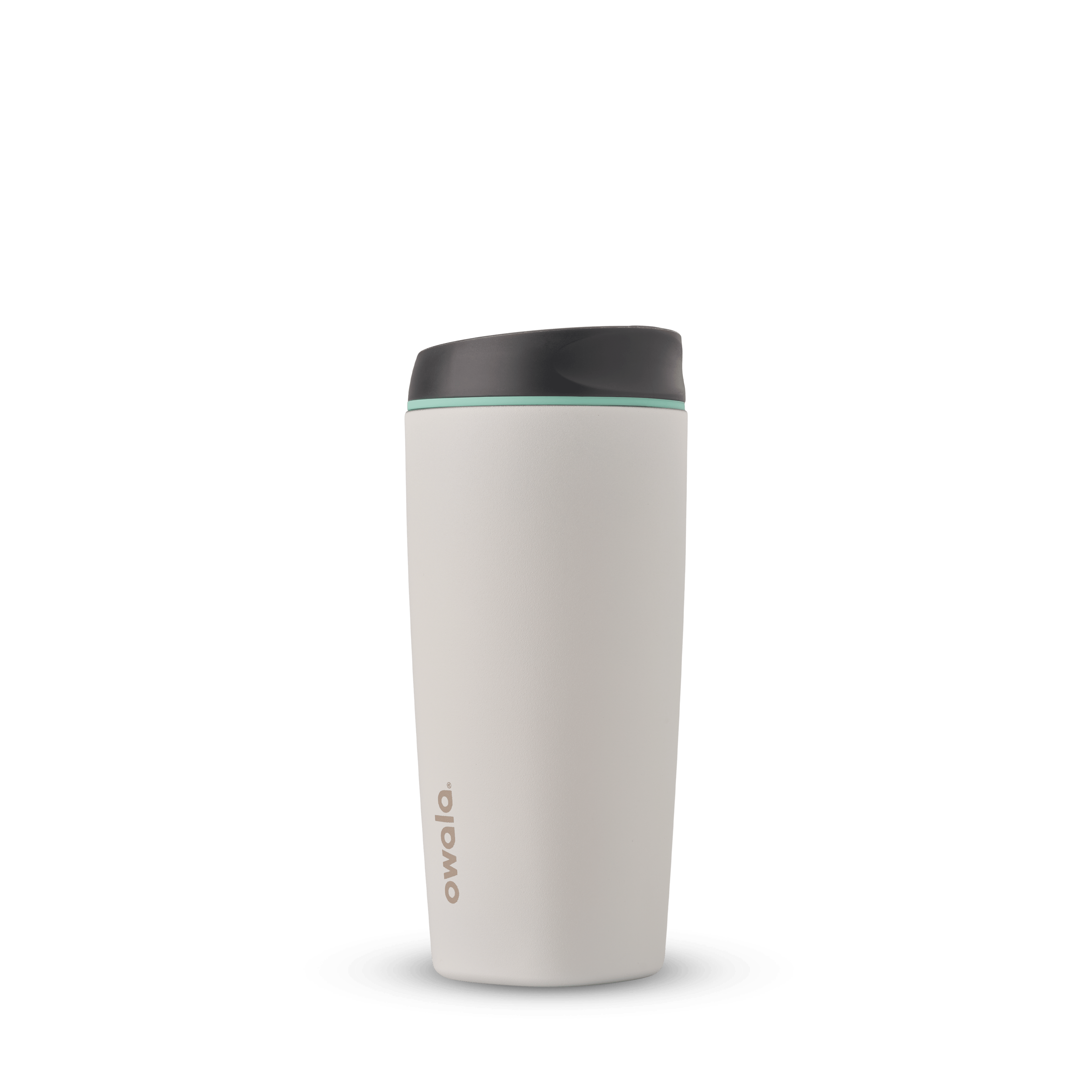 SmoothSip 20oz in Cloudscape, off-white cream tumbler body with charcoal gray flip-style lid and mint green accent ring