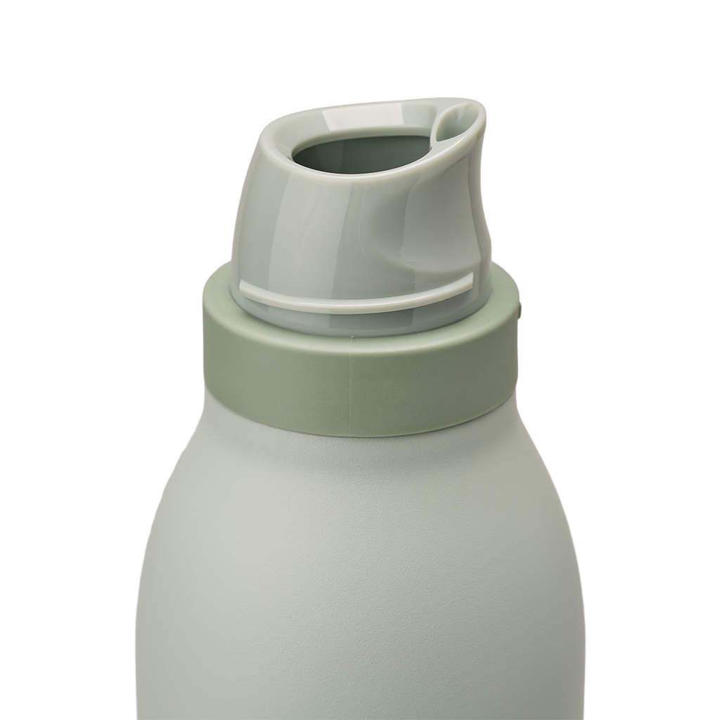 Owala FreeSip Twist 24oz in Summer Paradise, lid detail showing pale sage body with white twist cap, darker sage twist cap accent band, and carry string with carry string grip on top