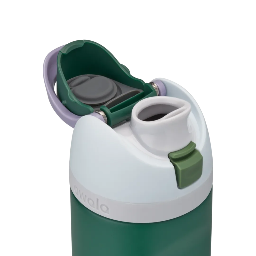 Owala FreeSip 24oz in Great Smoky Mountains, dark forest green insulated stainless steel bottle with white lid, lavender carry loop, dark green flip cap, and olive green push-button, lid open detail