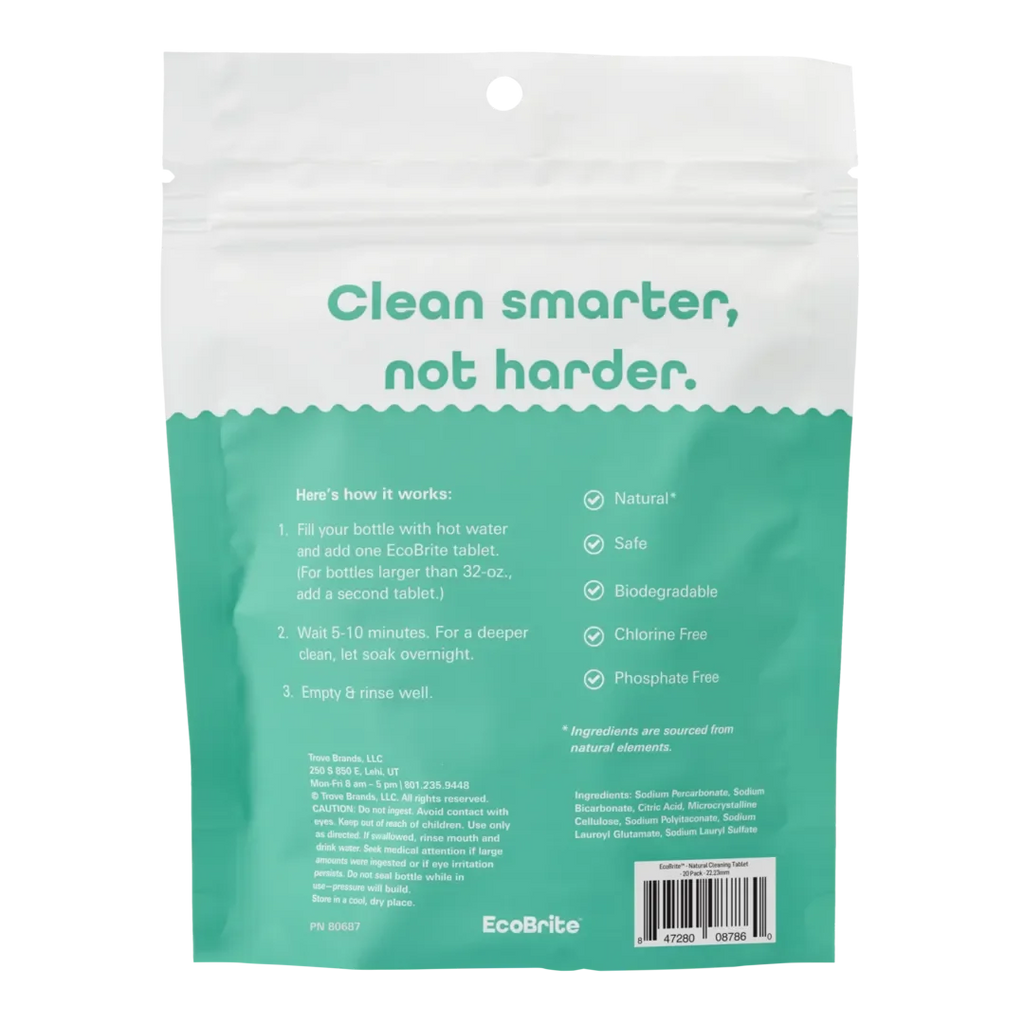 EcoBrite Natural Cleaning Tablets, back of teal and white resealable pouch with usage instructions and ingredient list