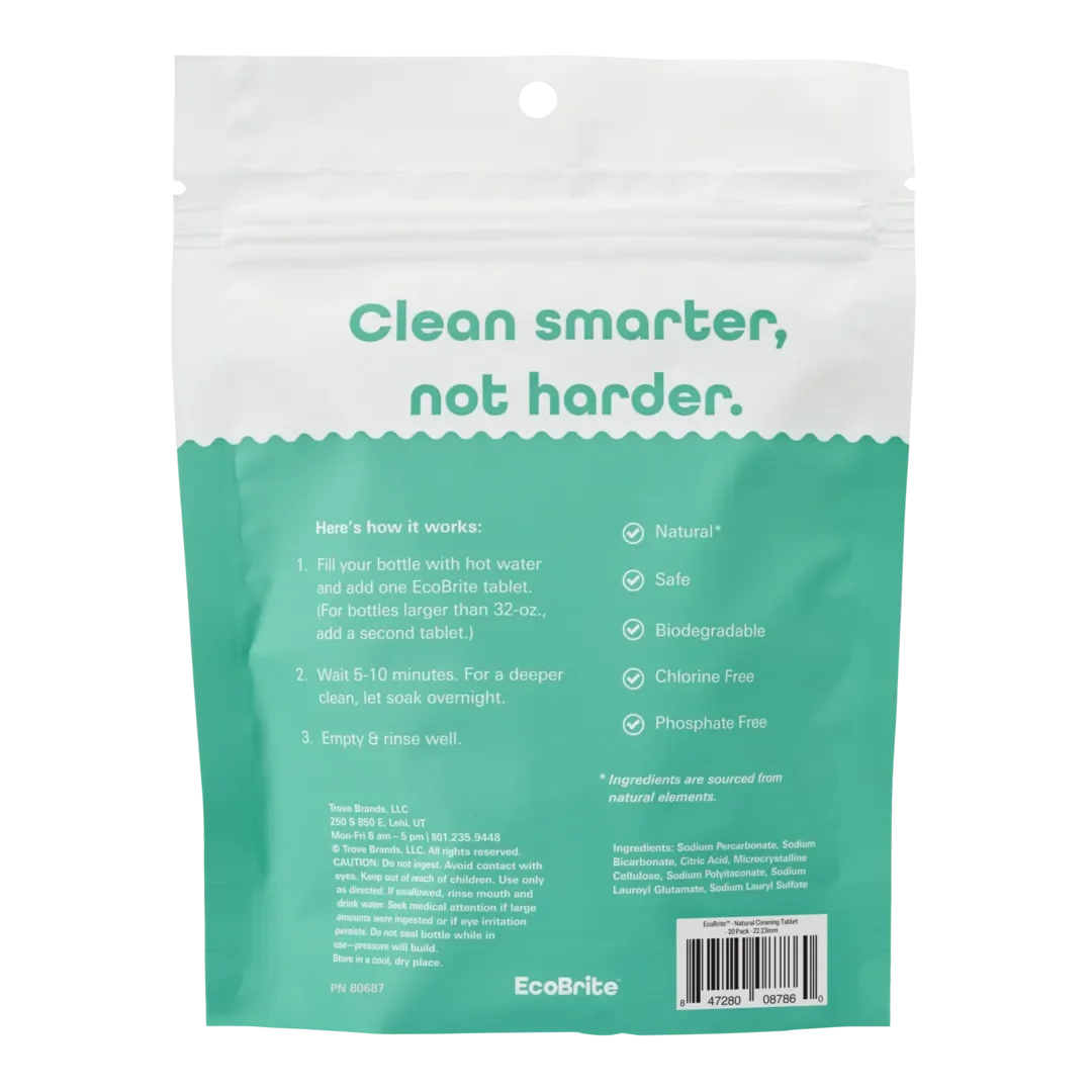 EcoBrite Natural Cleaning Tablets, back of teal and white resealable pouch with usage instructions and ingredient list