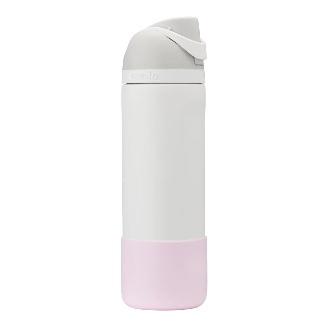 Owala Bottle Boot 24oz in pink silicone, shown on a white FreeSip 24oz bottle with gray flip cap and carry loop as example