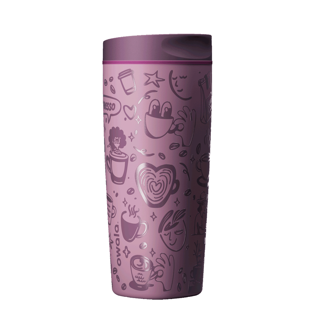 Owala SmoothSip Slider 20oz top-down view, dark purple lid with mauve slider button slid open revealing the sip hole